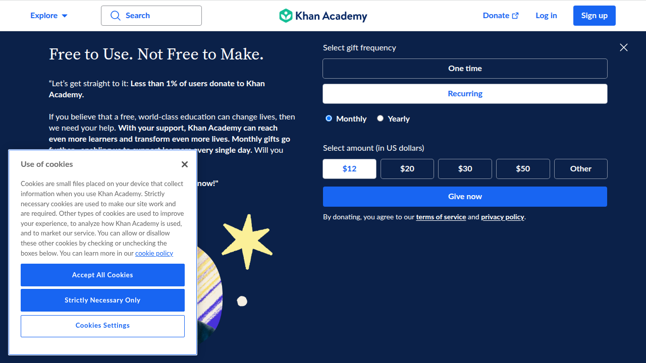 A screenshot of the Khan Academy homepage, showcasing its user-friendly interface and diverse course offerings.