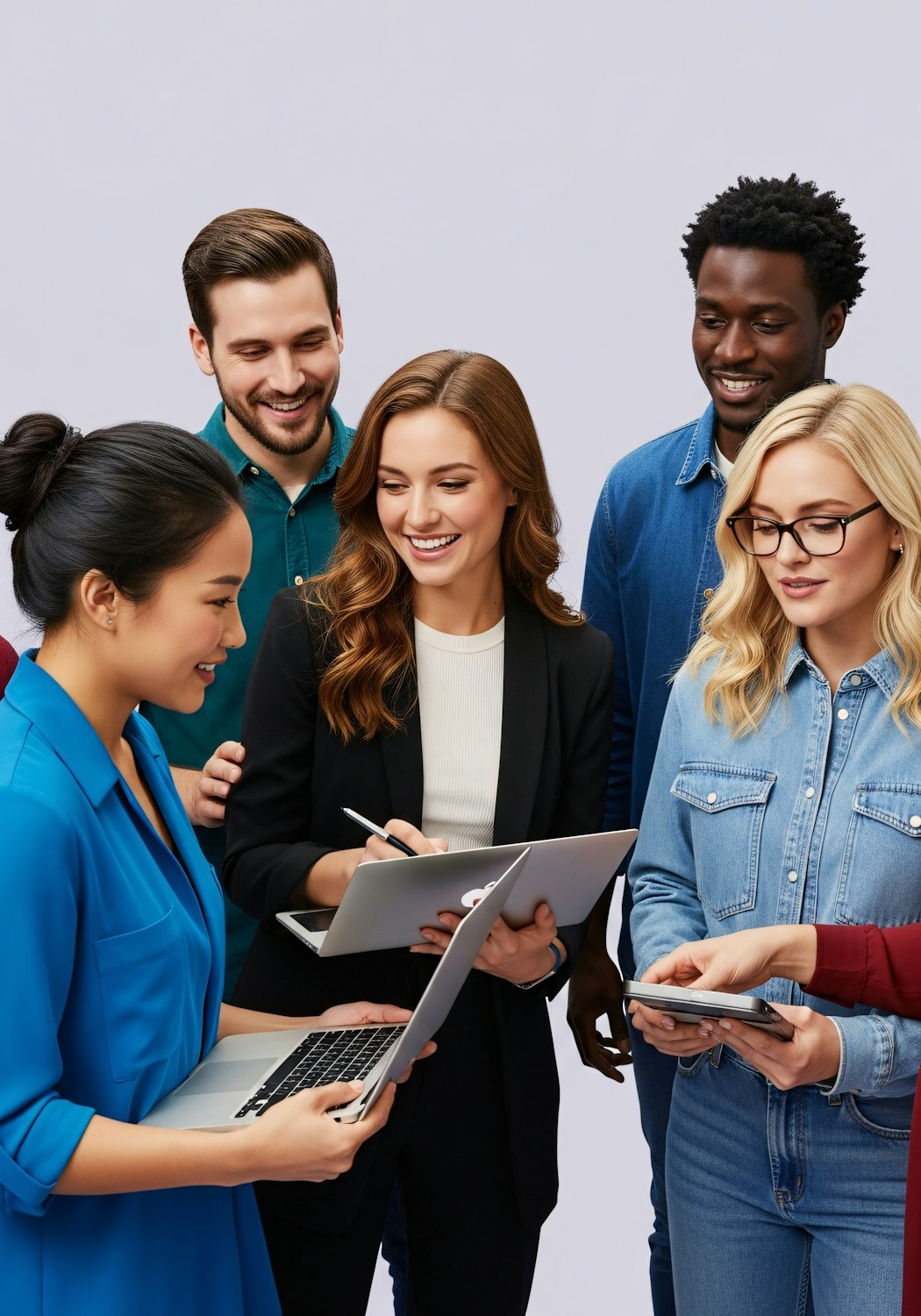 A diverse group of team members actively engaged in online learning on their devices, illustrating successful course participation.
