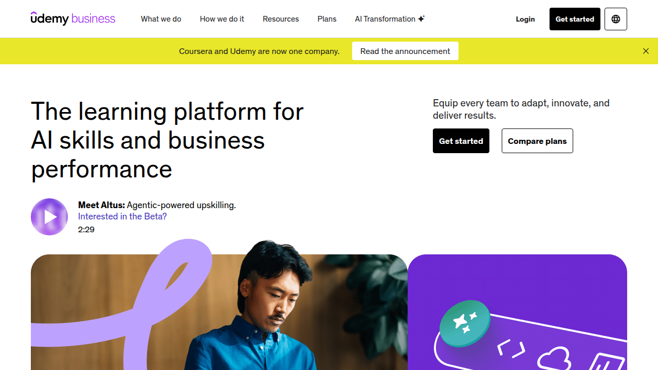 A view of the Udemy Business homepage, highlighting its professional learning solutions for organizations.