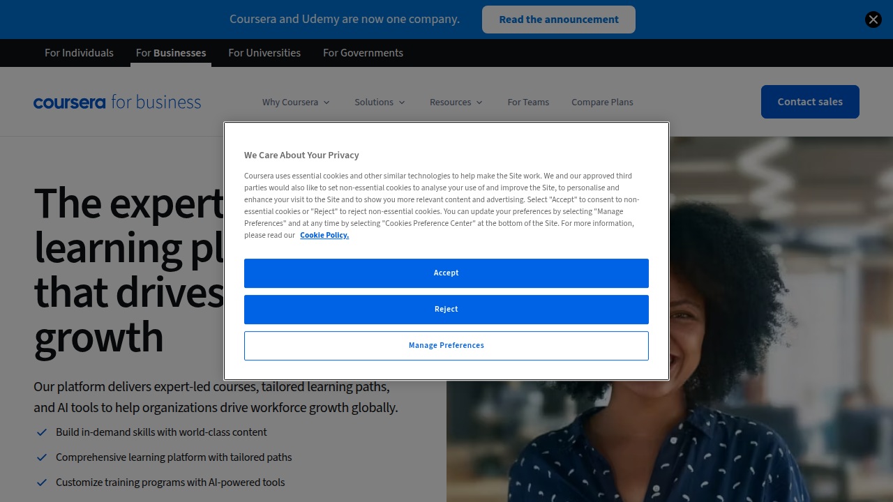 The homepage for Coursera for Business, a key competitor offering structured learning and certificate programs.