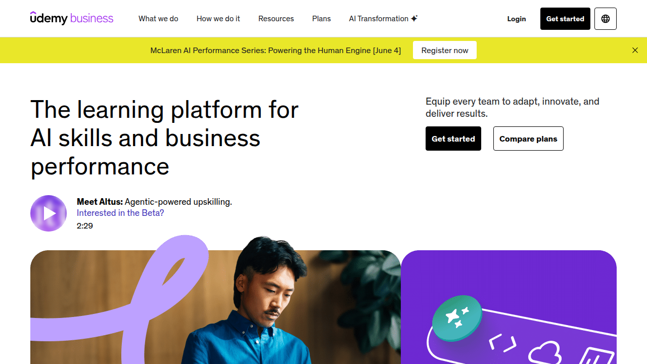 A screenshot of the Udemy for Business homepage, a platform offering professional development courses.