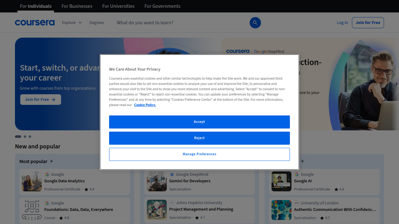 A screenshot of the Coursera homepage, an online learning platform offering recognized certificate courses in partnership with universities and companies.
