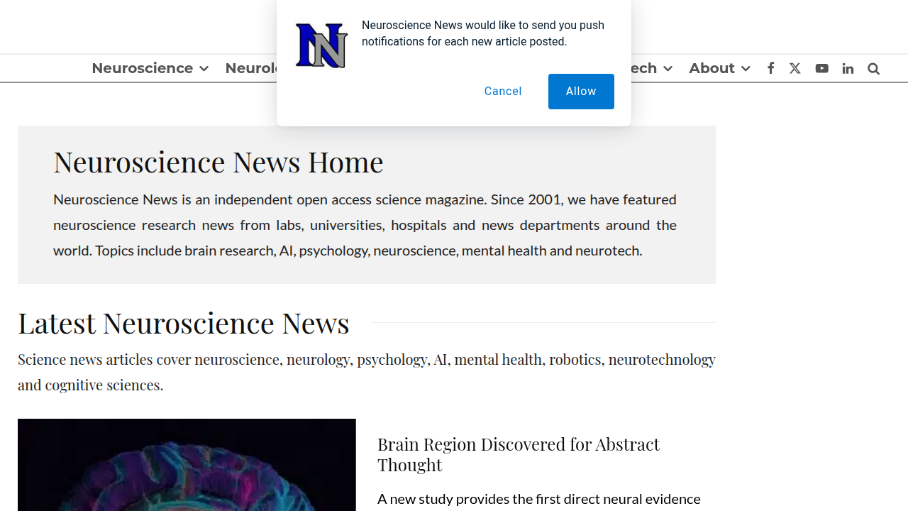 A screenshot of the Neuroscience News website, a resource for brain research and studies.