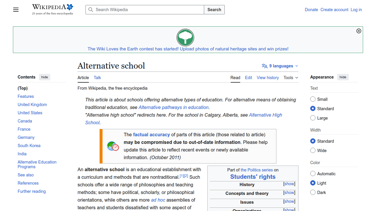 The Wikipedia page defines an alternative school as one with nontraditional curriculum and methods.