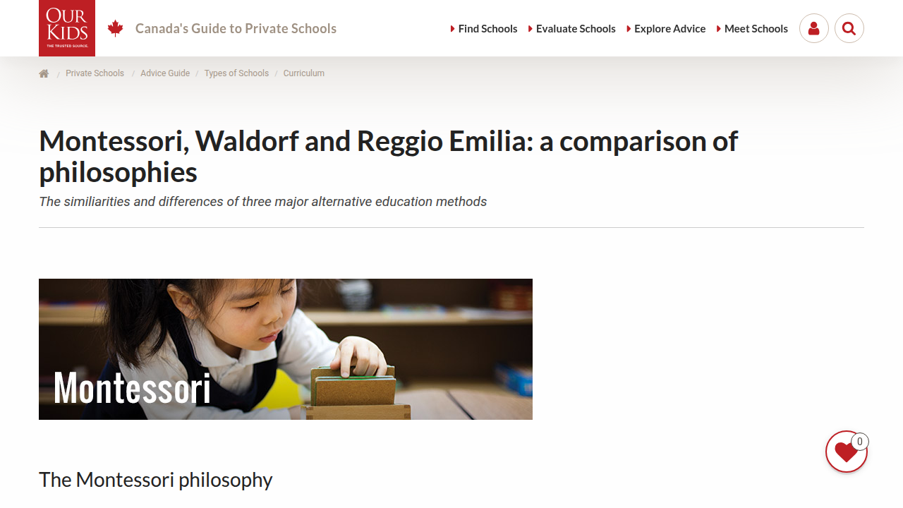 A comparison page from OurKids.net detailing the distinct philosophies of Montessori, Waldorf, and Reggio Emilia education.