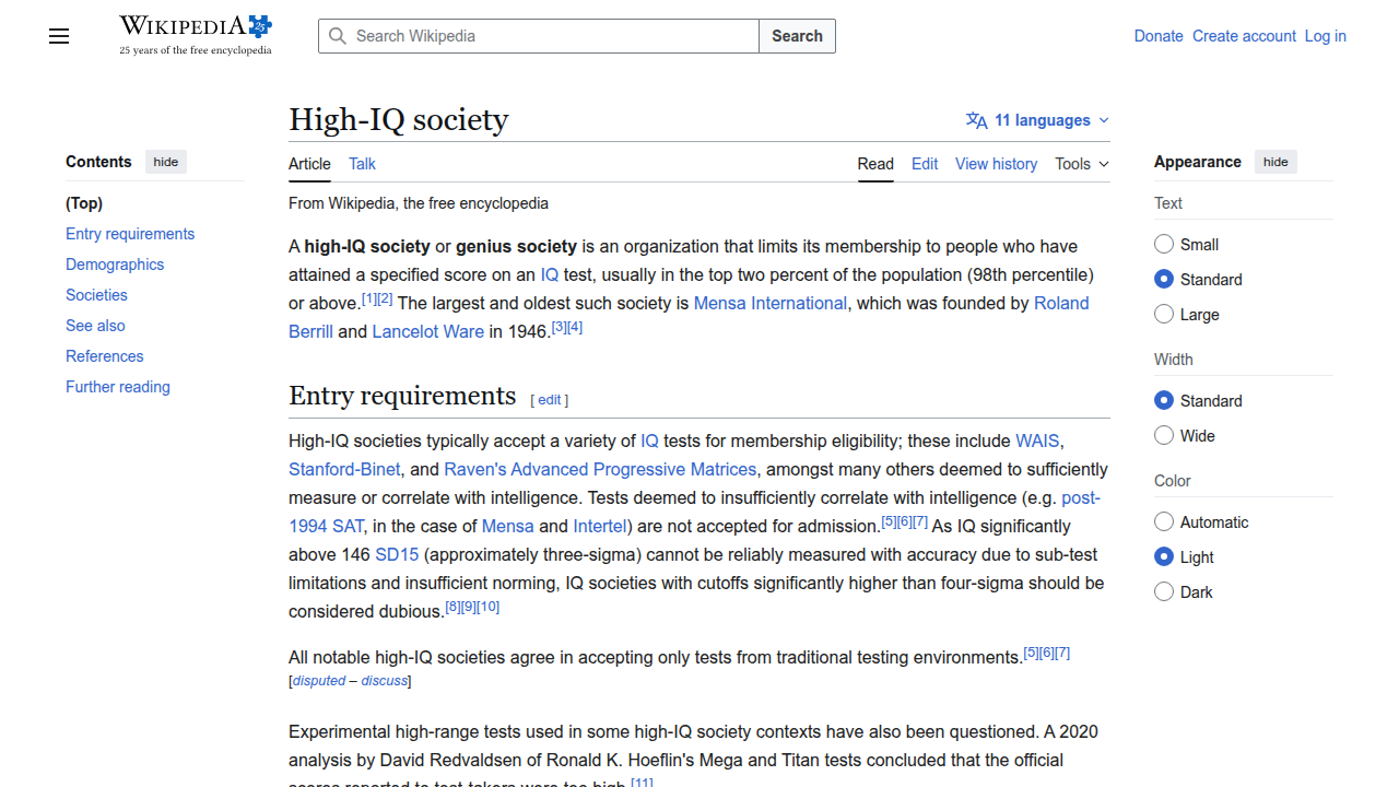 Explore the Wikipedia page defining high-IQ societies and their diverse membership criteria.