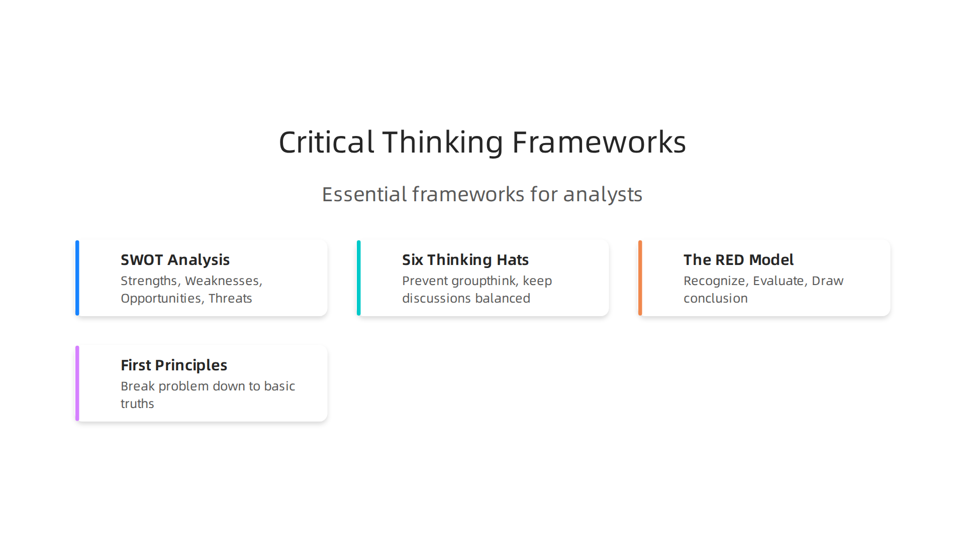 Essential critical thinking frameworks for business analysts, offering structured approaches to daily tasks.