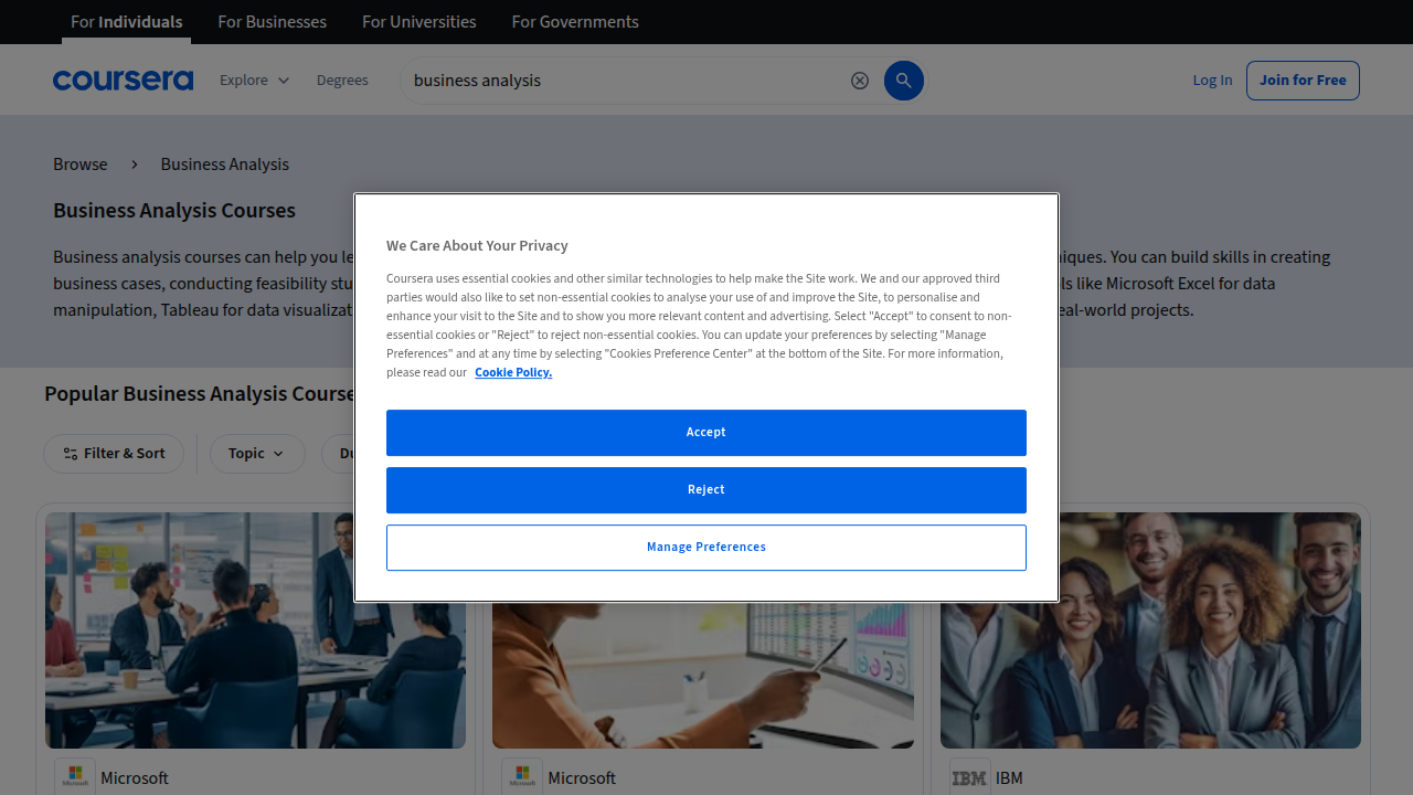 A view of business analysis course offerings on Coursera, highlighting options for professional development.