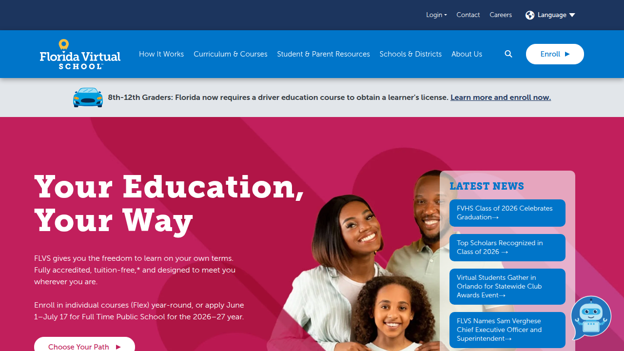 The homepage of Florida Virtual School, an example of an online high school option.