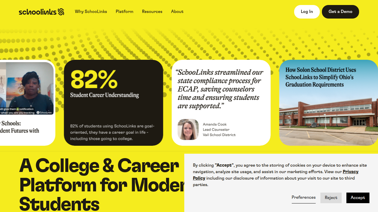 The SchooLinks website, a resource for connecting high school students with college and career opportunities.