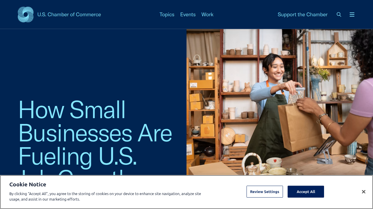 The homepage of the U.S. Chamber of Commerce, a leading business advocacy organization.