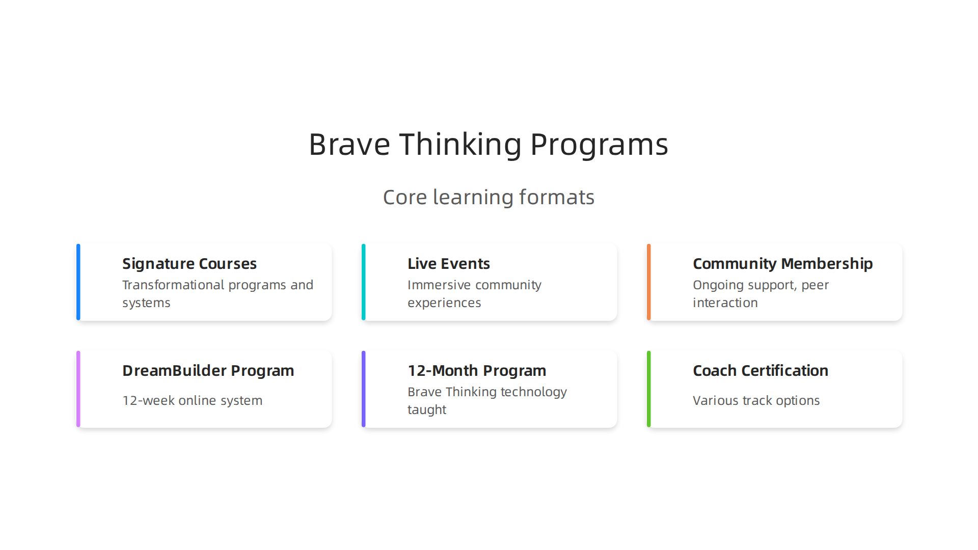 An overview of the Brave Thinking Institute's core offerings, including key programs and learning formats.