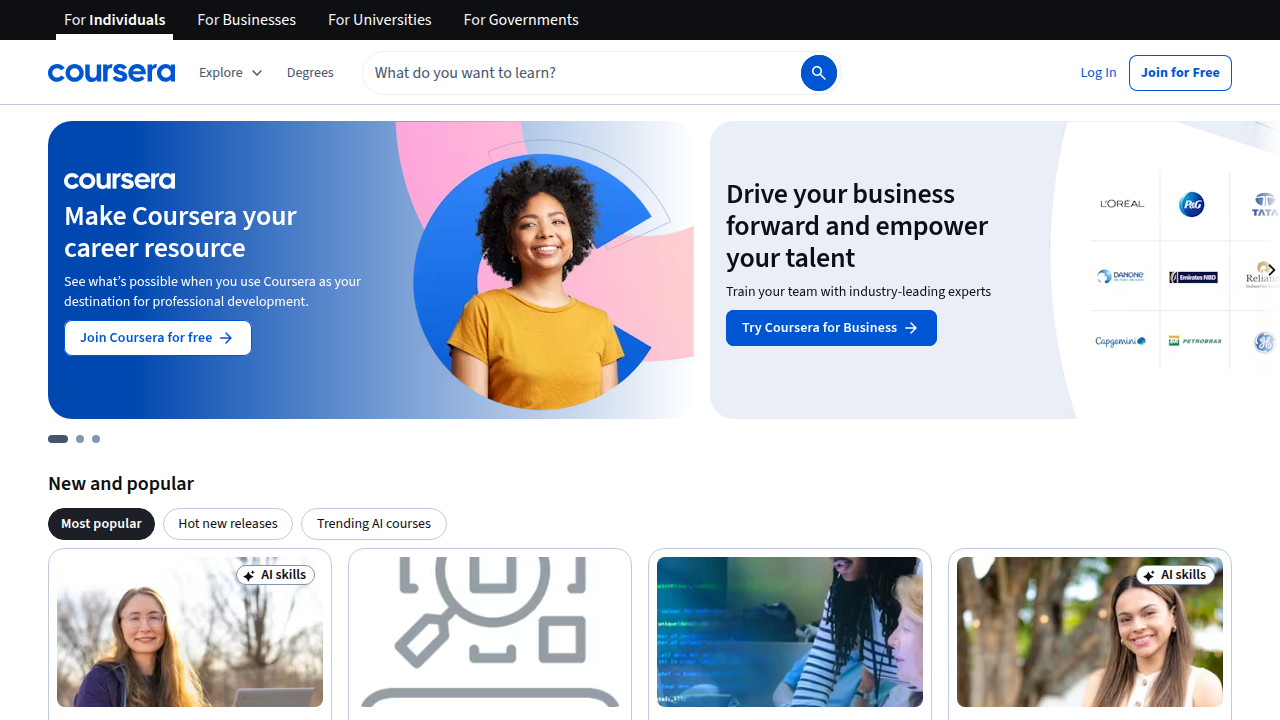 Explore diverse online courses from top universities and institutions on Coursera, supplementing LinkedIn Learning.