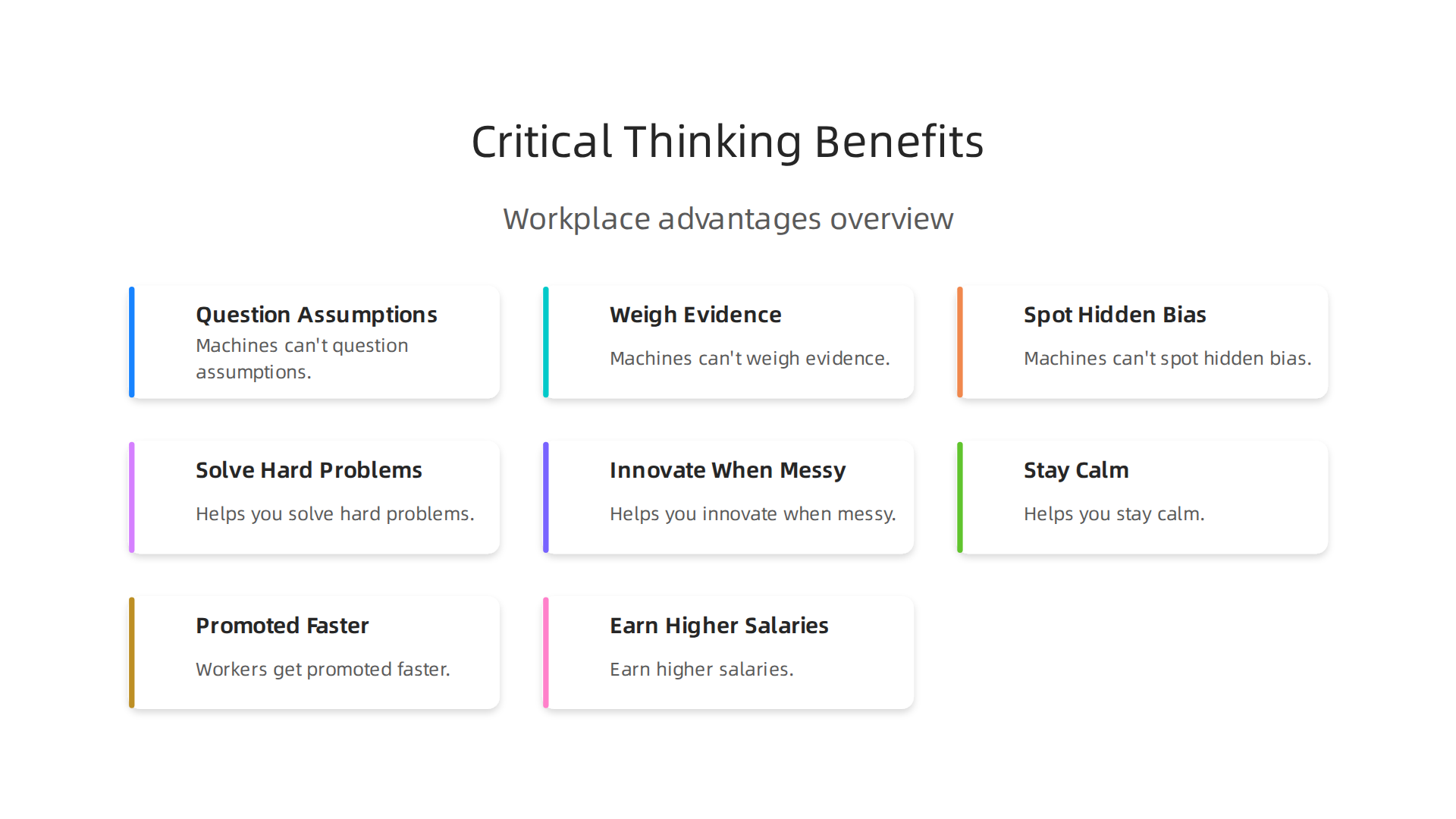 Key advantages of critical thinking for career advancement and effective problem-solving.