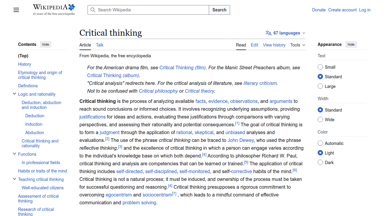 Screenshot of the Wikipedia page defining critical thinking, highlighting its analytical aspects.