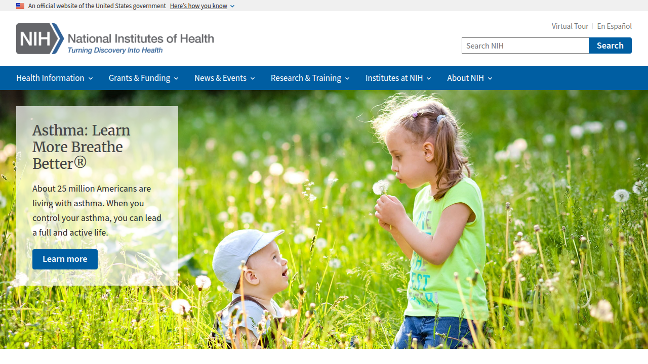 Screenshot of the National Institutes of Health (NIH) website, a source for research on human behavior and cognition.