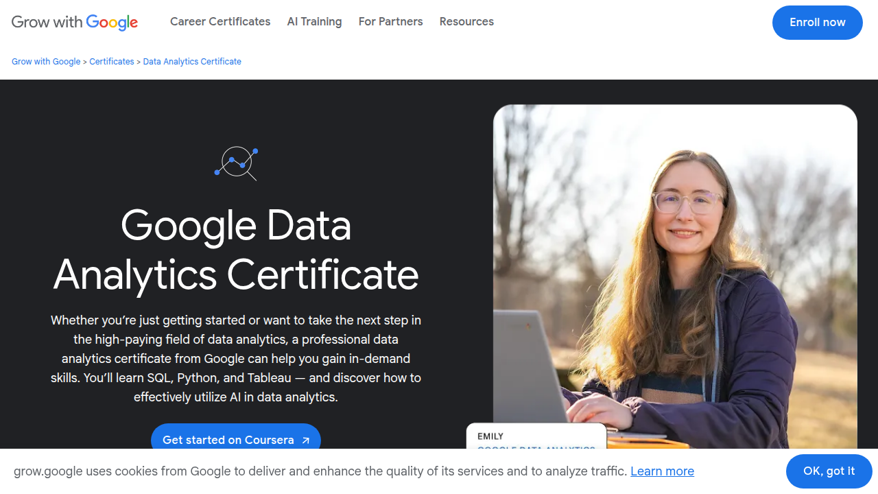 Overview of the Google Data Analytics Certificate program page.