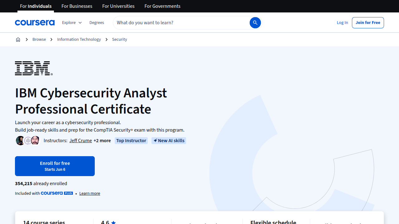 Course page for the IBM Cybersecurity Analyst Certificate on Coursera.