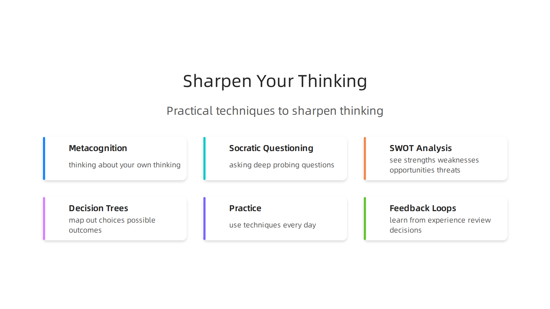 An infographic detailing various practical techniques to improve and sharpen one's thought process, including metacognition and structured frameworks.