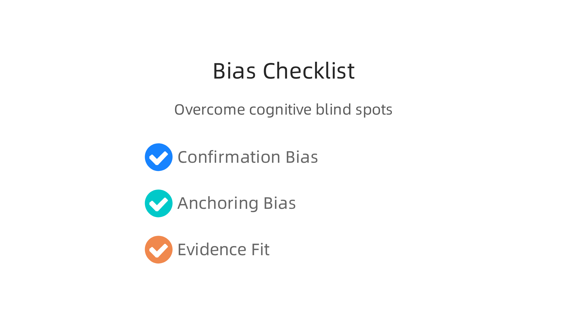 Infographic presenting key questions to identify and overcome common cognitive biases.