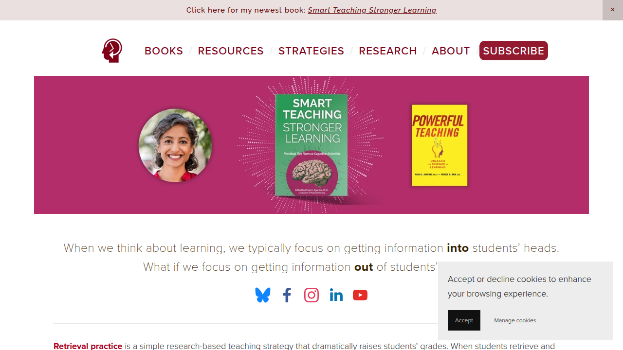 Homepage of Retrieval Practice, a resource dedicated to evidence-based learning strategies like spaced retrieval.