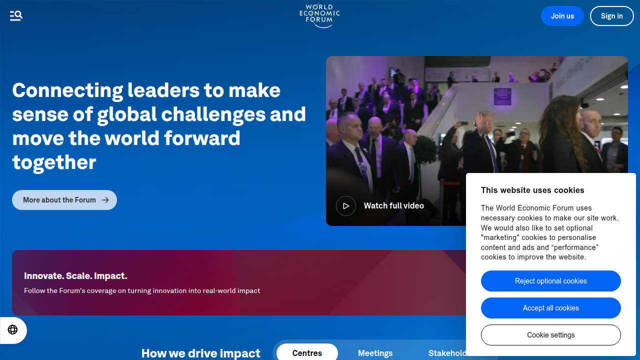 A screenshot of the World Economic Forum's homepage, a platform discussing global issues including the impact of AI on society.