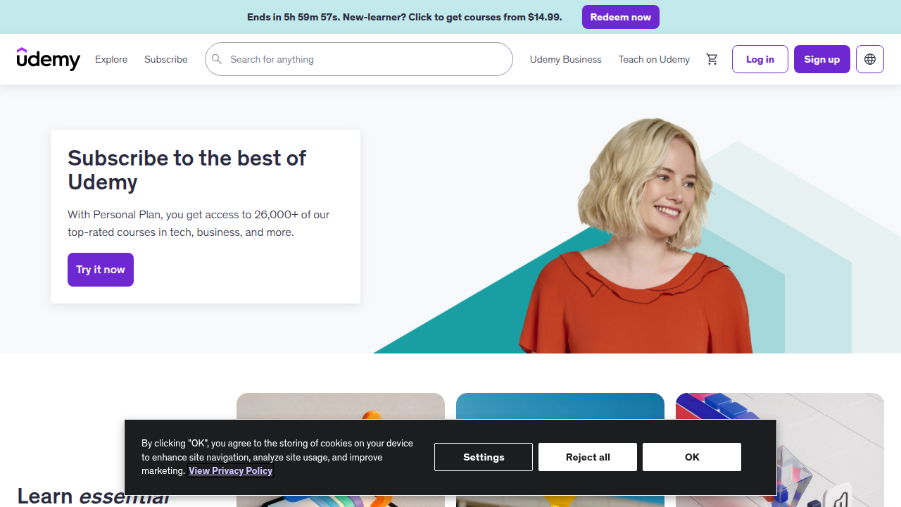 Screenshot of the Udemy homepage, showcasing its vast course marketplace.