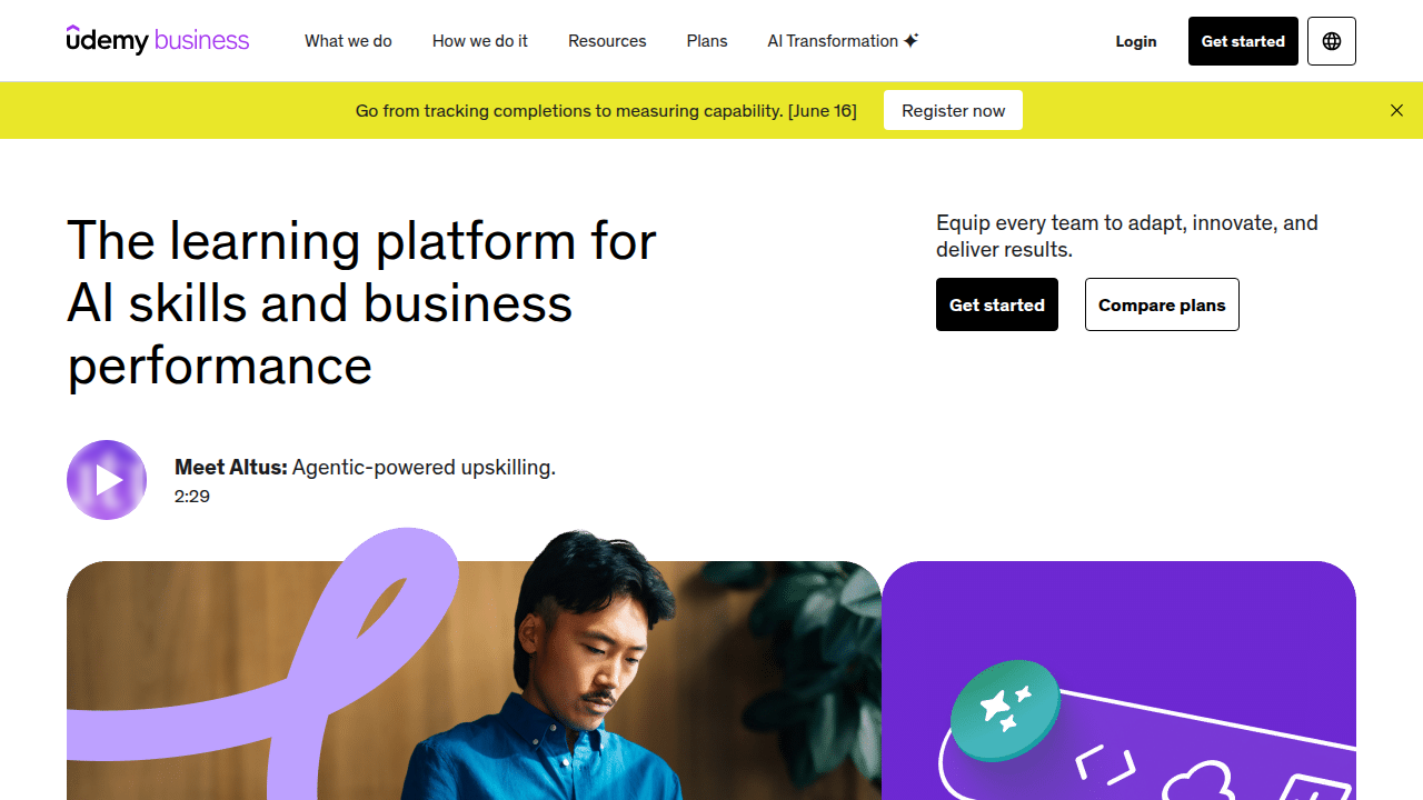 Screenshot of the Udemy Business homepage, showcasing solutions for corporate training.