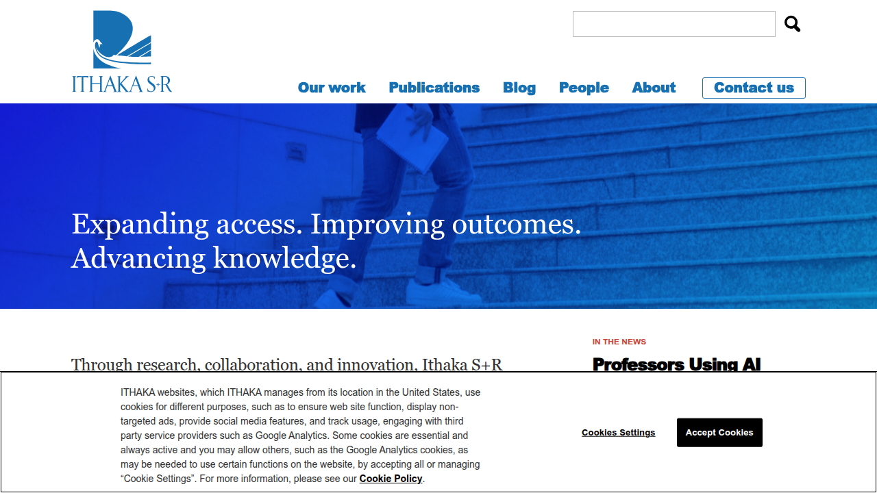 The homepage of Ithaka S+R, an organization that publishes research on higher education, including employer perceptions of online credentials.