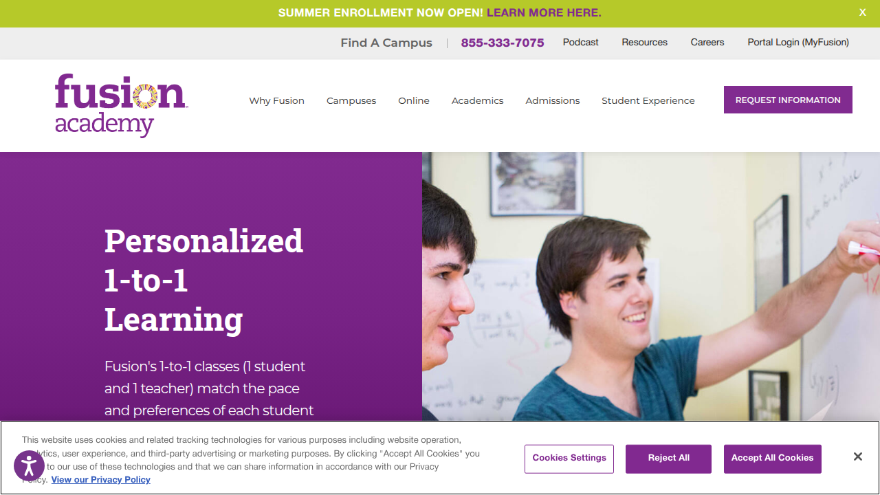 Key statistics and benefits of Fusion Academy's personalized learning model are highlighted on their official page.