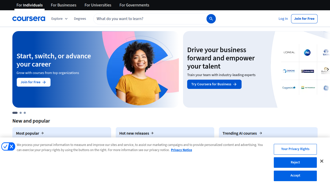 Explore Coursera, a leading platform for high-quality online AI courses and professional certificates.