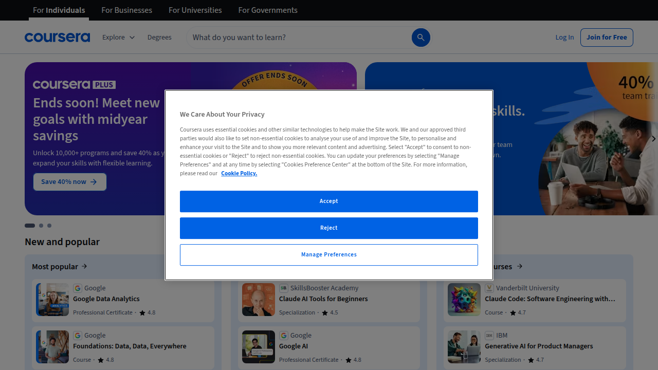 The homepage of Coursera, the platform hosting many Google Career Certificates for various in-demand skills.