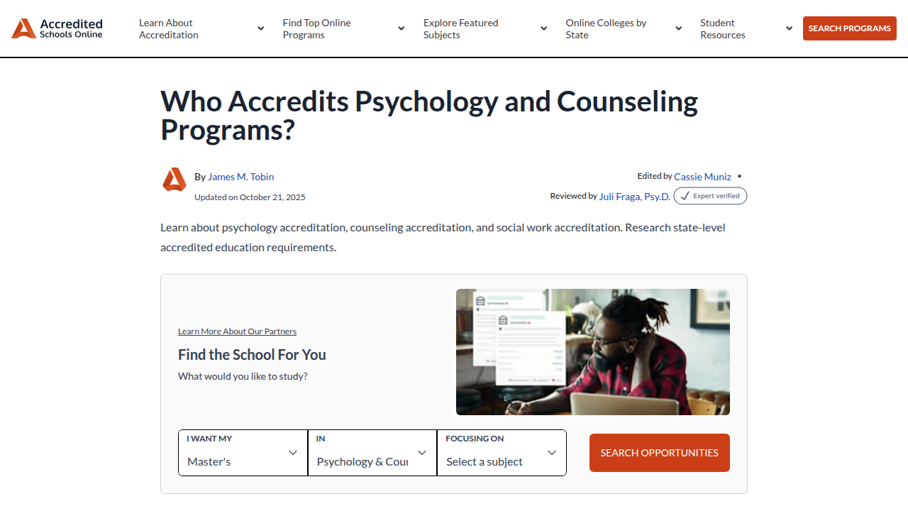 A screenshot of Accredited Schools Online's guide, explaining the nuances of psychology program accreditation types.