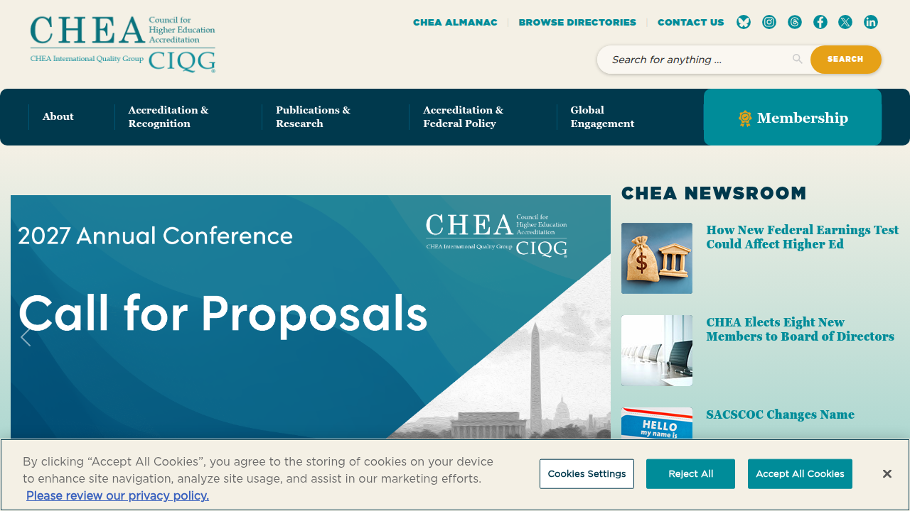 The homepage of the Council for Higher Education Accreditation (CHEA), a vital resource for verifying recognized accrediting bodies for educational programs.