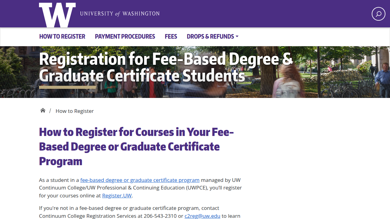 A screenshot of the University of Washington's step-by-step guide for degree registration, aiding students in navigating the enrollment process.