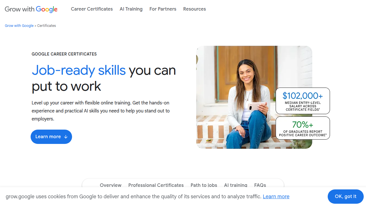The official page for Google Career Certificates, showcasing their focus on job-ready skills and employer recognition.