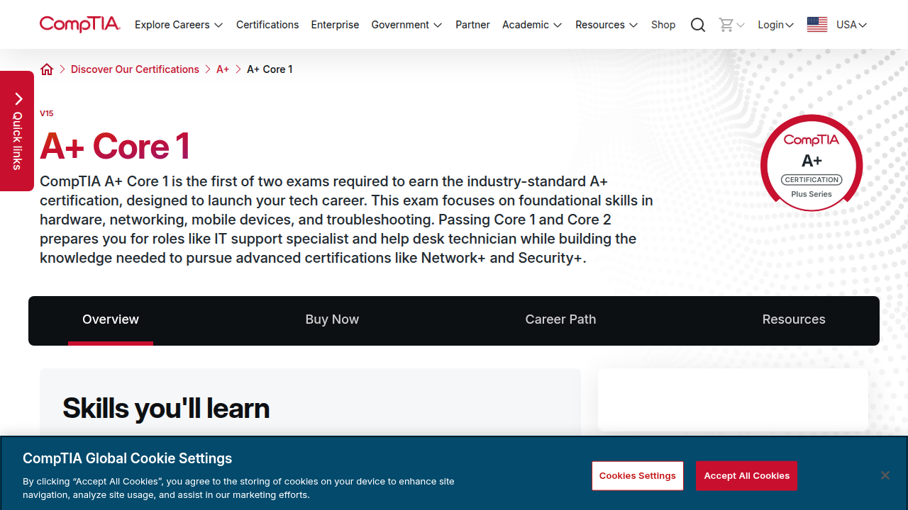 Screenshot of the official CompTIA A+ certification page, highlighting its foundational role in IT support.
