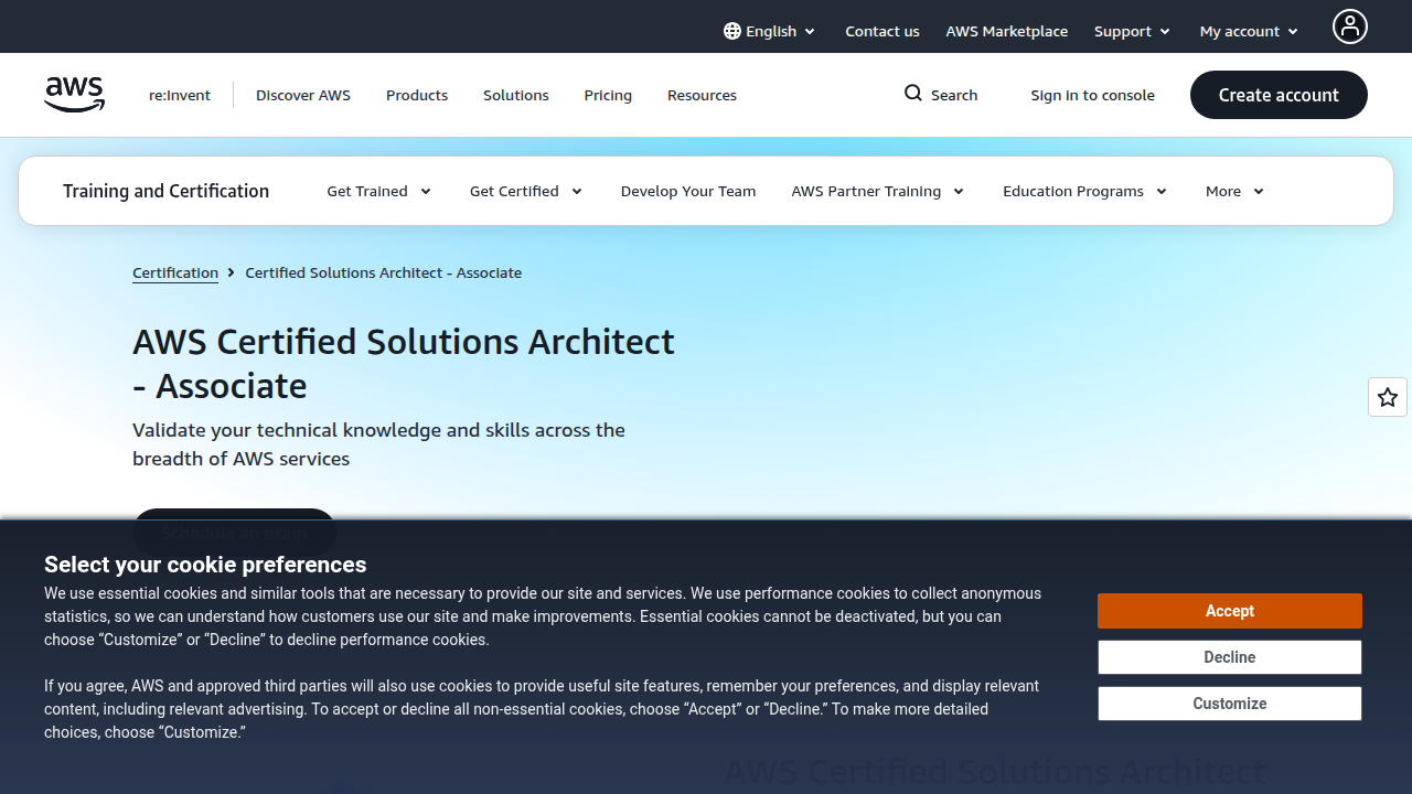 Screenshot of the AWS Certified Solutions Architect - Associate certification page, detailing skills validated.