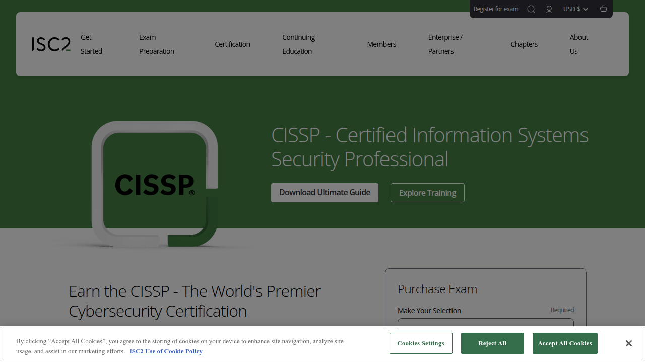 Screenshot of the official (ISC)2 CISSP certification page, presenting it as a gold standard in cybersecurity.
