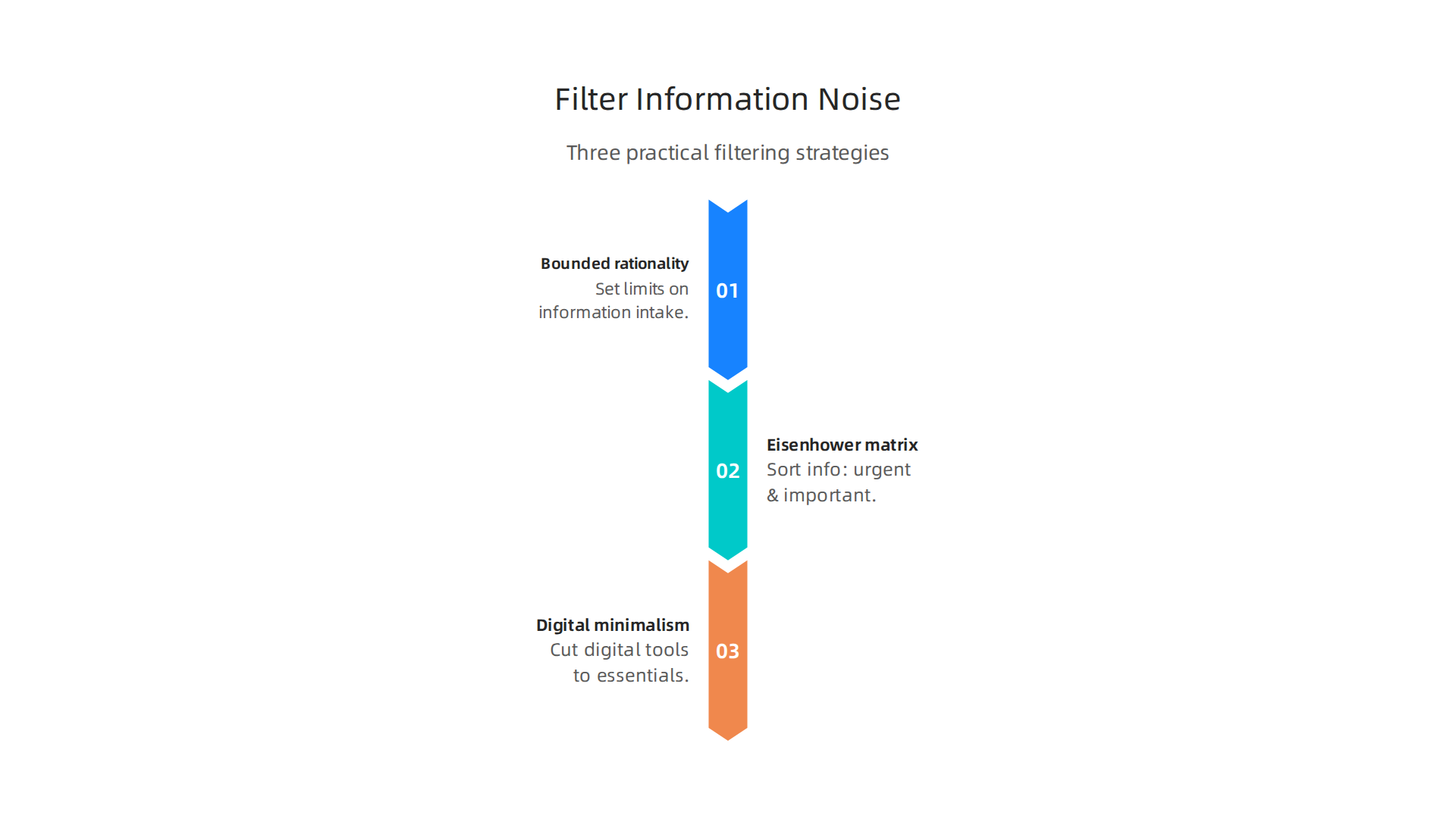 Practical strategies including bounded rationality, Eisenhower matrix, and digital minimalism to manage information overload and improve cognitive function.
