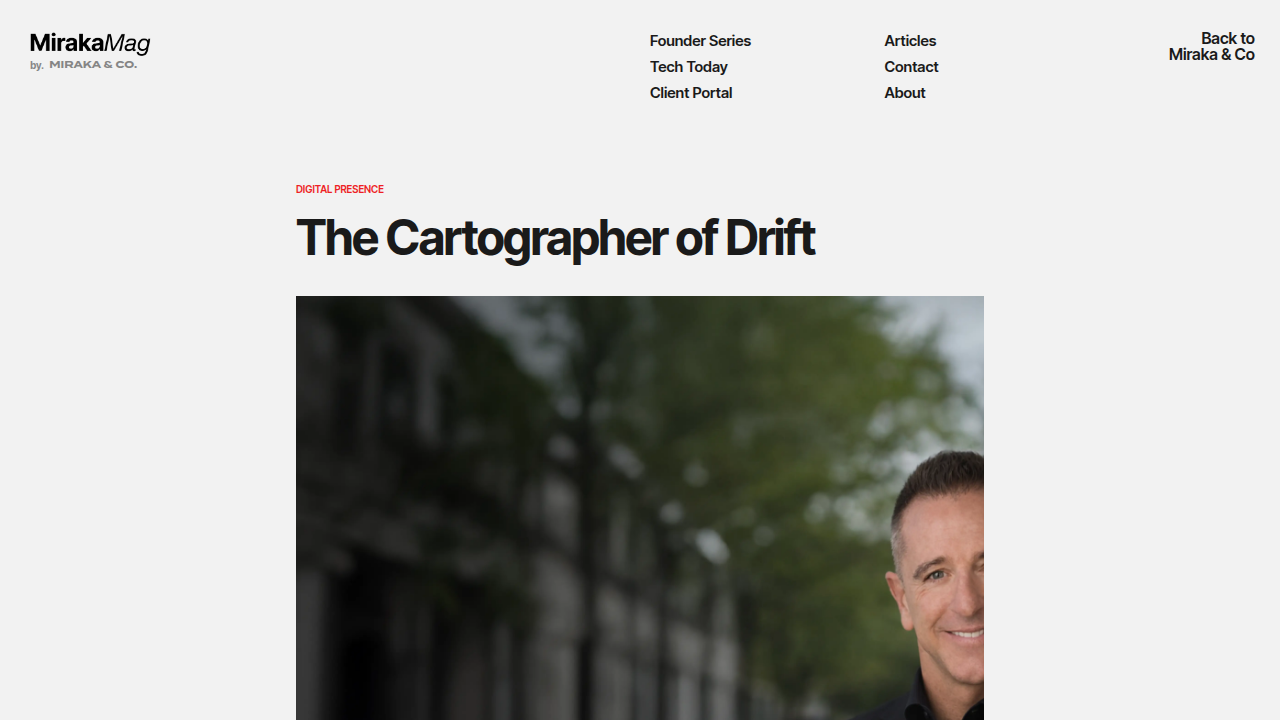 A snapshot of Miraka Magazine's profile on Dean Grey, highlighting his work as 'Cartographer of Drift' and his insights on AI's impact on thought.