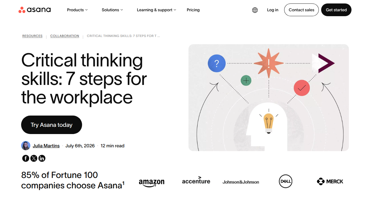 View of Asana's resource page on 'critical thinking skills for the workplace,' offering guidance on improving analytical thought.