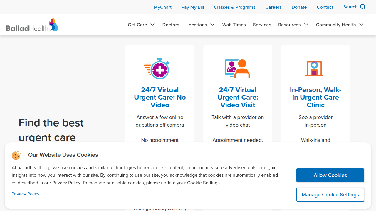 A screenshot of the Ballad Health homepage, an example of a healthcare provider offering CNA training programs.