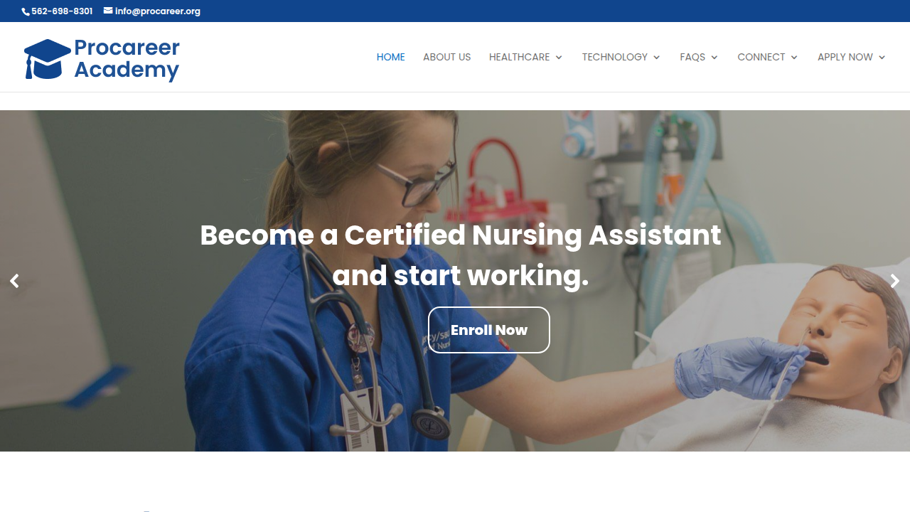 A screenshot of the Procareer Academy homepage, a provider of tuition-free CNA training in California.