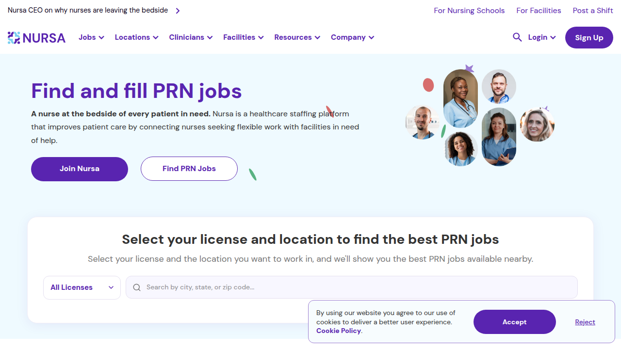 A screenshot of the Nursa homepage, a platform offering resources and guides for CNA certification and career.