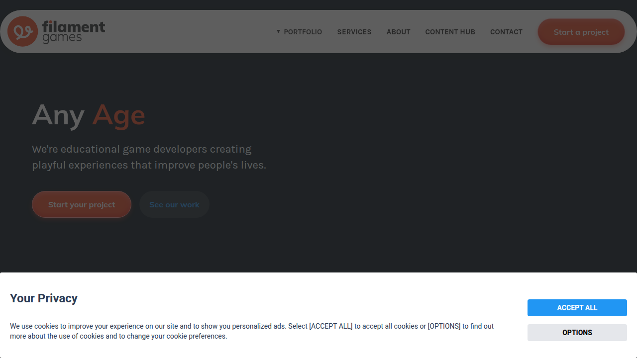 Screenshot of the Filament Games website, which offers insights and resources on game-based learning and educational games.