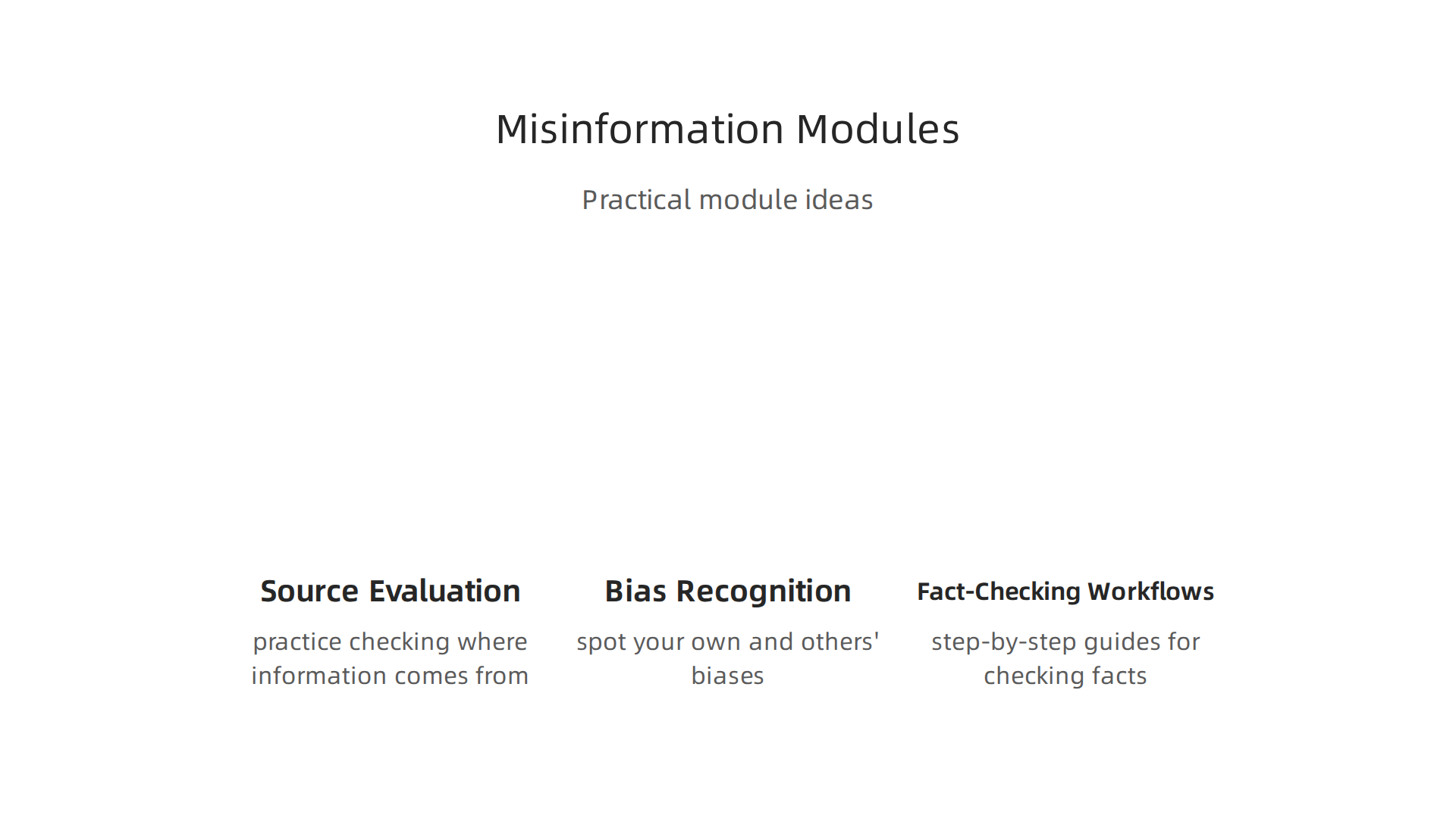 An infographic illustrating key module ideas in online courses designed to help learners combat misinformation and information overload effectively.