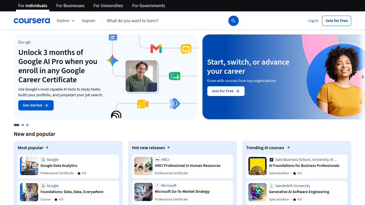 Screenshot of Coursera's homepage, a popular platform for online courses and certificates.