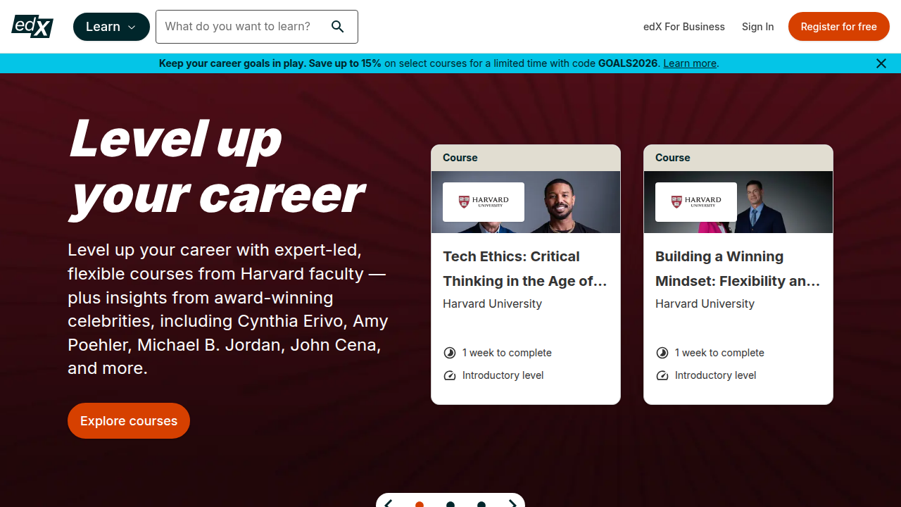 Screenshot of edX's homepage, another leading platform offering university-level online courses.