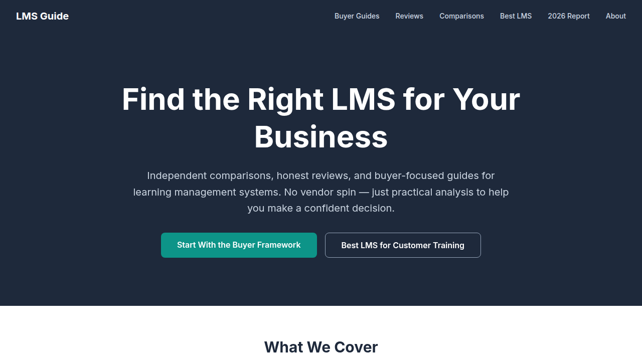 Screenshot of the LMS Guide homepage, a resource for information on Learning Management Systems and online learning trends.